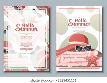 Flyer template set with summer accessories.Beach hat, sunglasses, towel, seashells. Beach vibe, summer time. Banner poster, background for summer party, advertising promotion, invitation