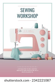 Plantilla de volante con máquinas de coser y suministros de coser. Industria ligera. Trabajos de alcantarilla, pasatiempos, costura. Cartel de afiche para taller de costura, taller, taller.