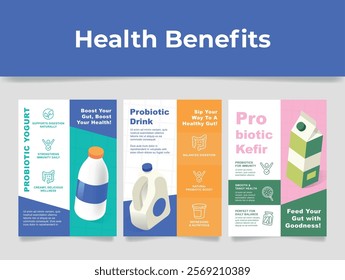 A flyer template showcasing different approaches to consuming probiotics, including yogurt and kefir products that promote gut health, improve digestion, and support overall well-being.