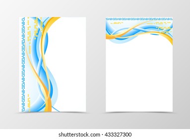 Flyer template smooth design. Abstract flyer template with yellow lines, hexagons and circles. Wavy flyer design. Vector illustration