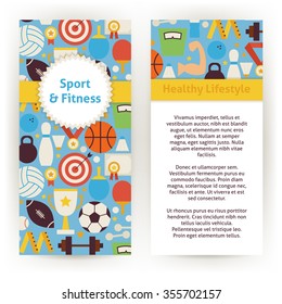 Flyer Template of Sport and Fitness Objects and Elements. Flat Style Design Vector Illustration of Brand Identity for Competition and Team Games Promotion. Colorful Pattern for Advertising.