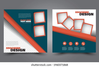 Flyer template. Square brochure design. Social media business promotion poster layout. Simple geometric background. Blue and orange color. Vector illustration.