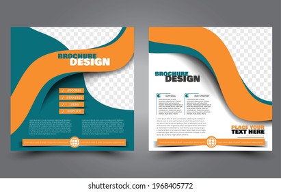 Flyer template. Square brochure design. Social media business promotion poster layout. Simple geometric background. Blue and orange color. Vector illustration.