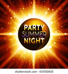 Flyer template for summer night party. Premium abstract vector background with bokeh defocused lights and sun rays