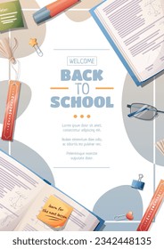 Flyer template with textbook with stationery. School time, back to school, education. Flyer, poster, banner size a 4
