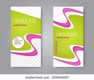 Flyer template. Vectical banner design. Modern abstract two side brochure background. Vector illustration. Green and pink color