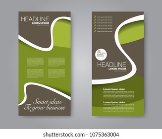 Flyer template. Vectical banner design. Modern abstract two side brochure background. Vector illustration. Green and brown color.