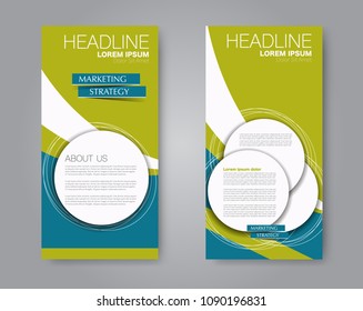 Flyer template. Vectical banner design. Modern abstract two side brochure background. Vector illustration. Green and blue color.