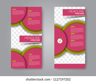 Flyer template. Vectical banner design. Modern abstract two side brochure background. Vector illustration. Green  and pink color.