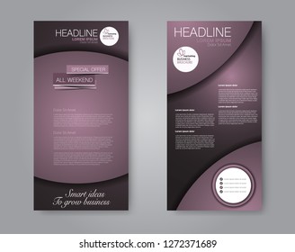 Flyer template. Vectical banner design. Modern abstract two side brochure background. Vector illustration. Purple color.