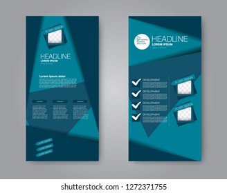 Flyer template. Vectical banner design. Modern abstract two side brochure background. Vector illustration. Blue color.