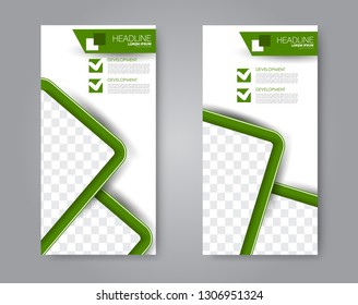 Flyer template. Vectical banner design. Modern abstract two side brochure background. Vector illustration. Green color.
