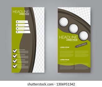 Flyer template. Vectical banner design. Modern abstract two side brochure background. Vector illustration. Green and brown color.