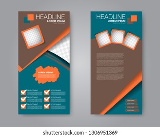 Flyer template. Vectical banner design. Modern abstract two side brochure background. Vector illustration. Brown, blue, and orange color.