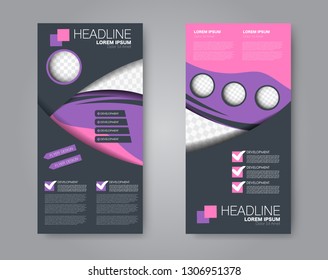 Flyer template. Vectical banner design. Modern abstract two side brochure background. Vector illustration. Pink and purple color.