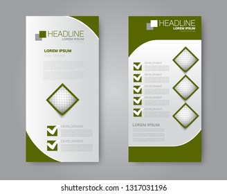 Flyer template. Vectical banner design. Modern abstract two side brochure background. Vector illustration. Green color.