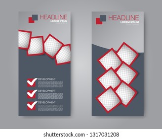 Flyer template. Vectical banner design. Modern abstract two side brochure background. Vector illustration. Red color.