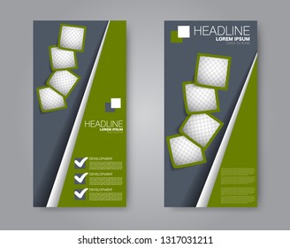 Flyer template. Vectical banner design. Modern abstract two side brochure background. Vector illustration. Green color.