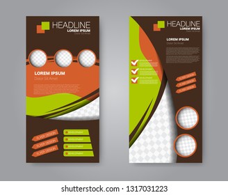 Flyer template. Vectical banner design. Modern abstract two side brochure background. Vector illustration. Brown , orange, and green color.