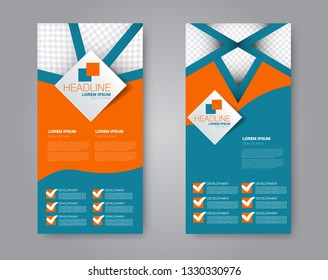 Flyer template. Vectical banner design. Modern abstract two side brochure background. Vector illustration. Blue and orange color.