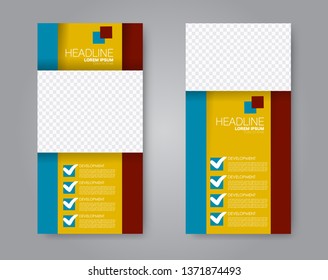 Flyer template. Vectical banner design. Modern abstract two side brochure background. Vector illustration. Blue, red, and orange color.