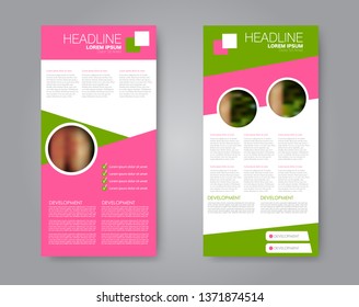 Flyer template. Vectical banner design. Modern abstract two side brochure background. Vector illustration. Pink and green color.