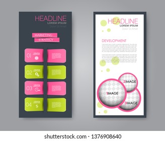 Flyer template. Vectical banner design. Modern abstract two side narrow brochure background. Vector illustration. Pink and green color.