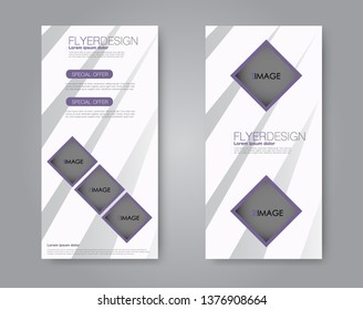 Flyer template. Vectical banner design. Modern abstract two side narrow brochure background. Vector illustration. Purple color.