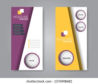 Flyer template. Vectical banner design. Modern abstract two side narrow brochure background. Vector illustration. Yellow and purple color.