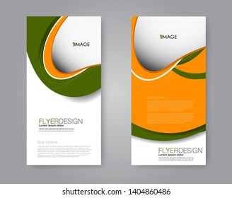 Flyer template. Vectical banner design. Modern abstract two side narrow brochure background. Vector illustration. Orange and green color.