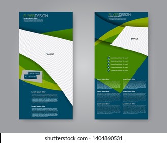 Flyer template. Vectical banner design. Modern abstract two side narrow brochure background. Vector illustration. Blue and green color.