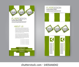 Flyer template. Vectical banner design. Modern abstract two side narrow brochure background. Vector illustration. Green color.