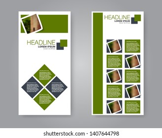 Flyer template. Vectical banner design. Modern abstract two side narrow brochure background. Vector illustration. Green and grey color.