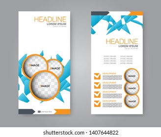 Flyer template. Vectical banner design. Modern abstract two side narrow brochure background. Vector illustration. Blue and orange color.