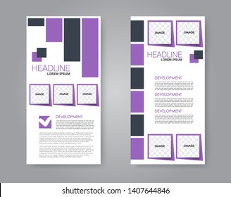 Flyer template. Vectical banner design. Modern abstract two side narrow brochure background. Vector illustration. Purple and grey color.