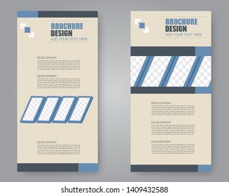 Flyer template. Vectical banner design. Modern abstract two side narrow brochure background. Vector illustration. Blue and grey color.