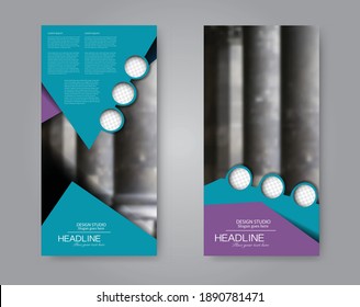 Flyer template. Vertical banner design. Modern abstract two side narrow brochure background. Vector illustration. Blue and purple color.
