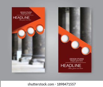 Flyer template. Vertical banner design. Modern abstract two side narrow brochure background. Vector illustration. Orange and red color.