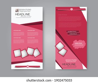 Flugschablone. Vertikales Bannerdesign. Moderner abstrakter, zweiseitiger, schmaler Broschürenhintergrund. Vektorgrafik. Rote Farbe.