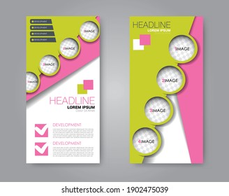 Flyer template. Vertical banner design. Modern abstract two side narrow brochure background. Vector illustration. Green and pink color.