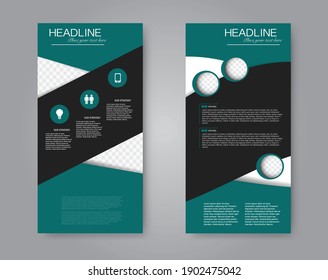 Flyer Template. Vertical Banner Design. Modern Abstract Two Side Narrow Brochure Background. Vector Illustration. Green And Black Color.