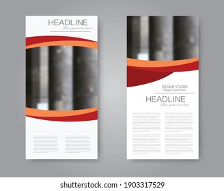 Flyer template. Vertical banner design. Modern abstract two side narrow brochure background. Vector illustration. Orange and red color.