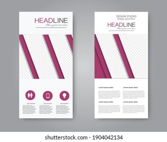 Flyer template. Vertical banner design. Modern abstract two side narrow brochure background. Vector illustration. Pink color.