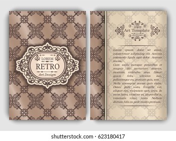 Flyer template with vintage retro calligraphic frames and ornate decorative elements on royal rococo background. Set of front and back flourishes page design for greeting cards, menu, layout