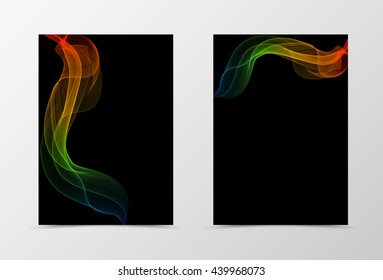 Flyer template wave design. Abstract flyer template in orange blue red green colors on black background. Spectrum transparent flyer design. Vector illustration