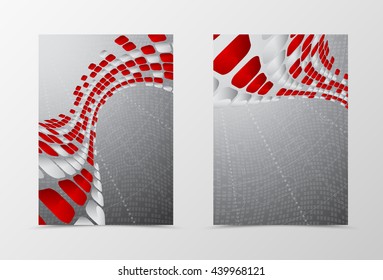 Flyer template wave design. Abstract flyer template with red and gray mottled rounded squares on digital geometric background. Futuristic flyer design. Vector illustration