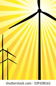 flyer template with wind turbines and sun rays for energy themes