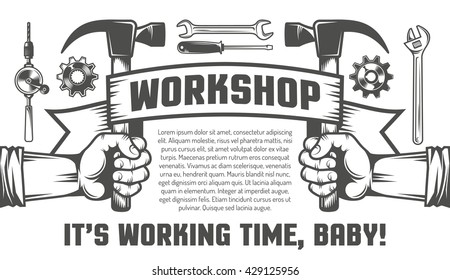 Flyer template  for the workshop. Hand holding a hammer. Mechanics Tools.