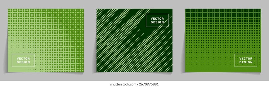 Plantillas de volante con fondos de rejilla de semitono colección de Vector. Portadas de folletos de negocios innovadores. Escenarios elegantes para proyectos tecnológicos. Impresiones estructurales de tecnología.