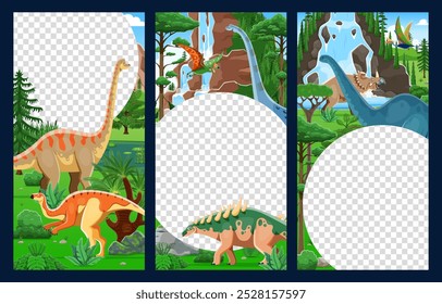 Plantillas voladoras con dinosaurios prehistóricos, bosque jurásico y cascada. Divertidos animales dino Vector de medios sociales Anuncios de dibujos animados brachiosaurus, centrosaurus, brontosaurus, titanosauria personajes